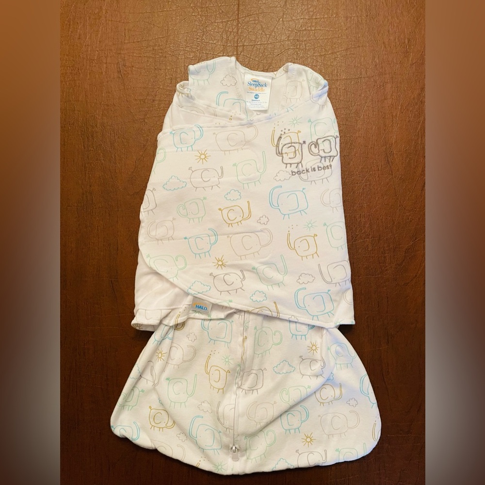 Halo Sleep Sack Swaddle - White with Elephants - Newborn